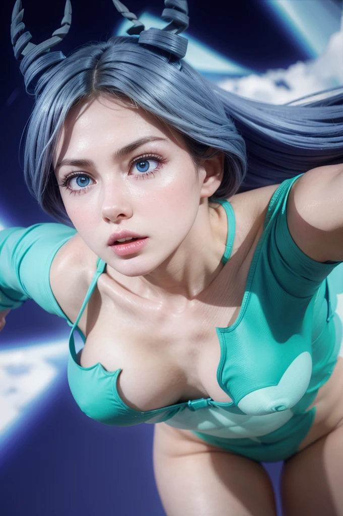 Nejire, realistic, age 25, pure white skin, blue pupils, blue long hair, horns like hair, perfect face, perfect shape body, perfect large breasts, blue green suit, posing to viewer, 8k , ultra realistic.