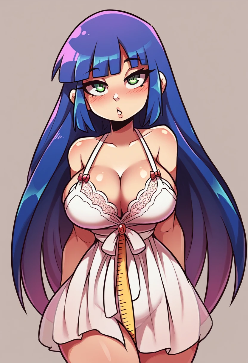 I'm Yoshiko, I'm a white-skinned woman with long purple hair and light green eyes. I am 1.68 cm tall and weigh 56 kg, my breasts measure 310 cm, my waist 60 cm and my hips 200 cm. Dressed in a white Babydoll Open Translucent Tulle Lace. With big breasts 310 cm