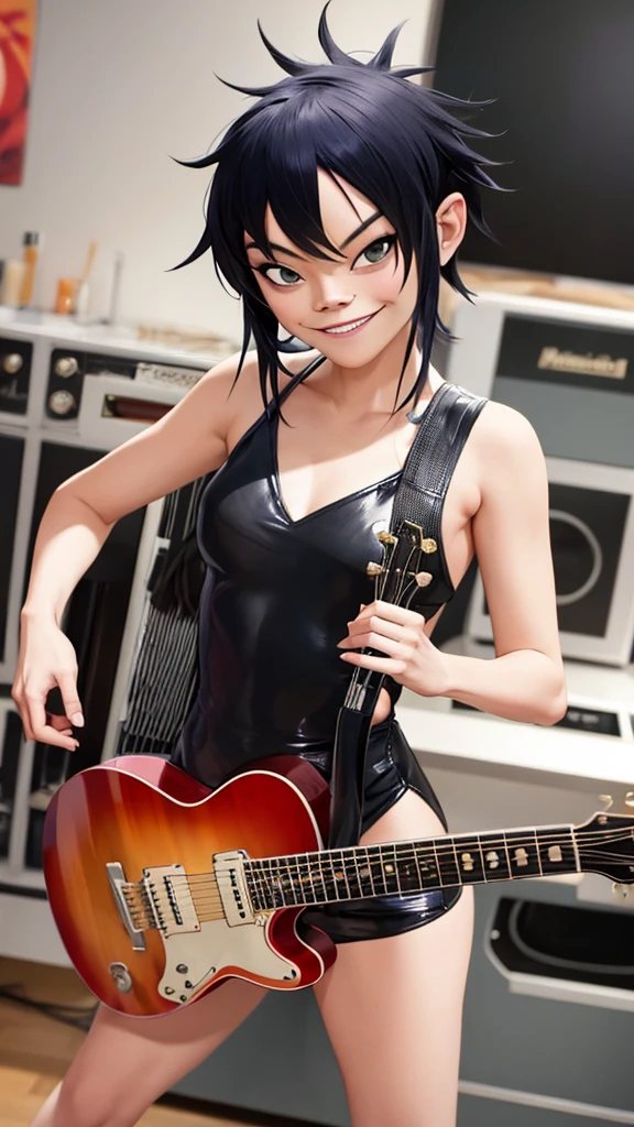 Noodle Gorillaz, sexy body, sexy Dress, playing guitar, smiles, ((masterpiece, best quality)) holding