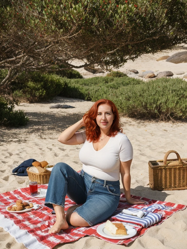 Xyrele, 1girl, solo, 30 years old, (((French face))), (((French nose))), (((French lips))), ((((chubby)))), (((wide hips))), (((red hair))), crinkly short hair, wearing stylish designed modern trend wear, ((Background: Having a picnic on the pebble beach)), ((upper body and upper legs))