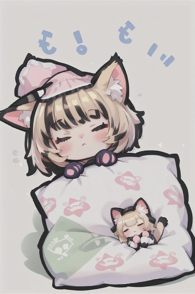 A cartoon of a cat sleeping on a pillow and another cat sleeping on it, there is nothingmimi, Cat girl, Beasts, There is a cat next to her, Cat girl, cute anime Cat girl, Ah ah, there is nothing, anime Cat girl, anime、Pink nightcap、Sleeping on a futon、Blonde Hair、Short Hair