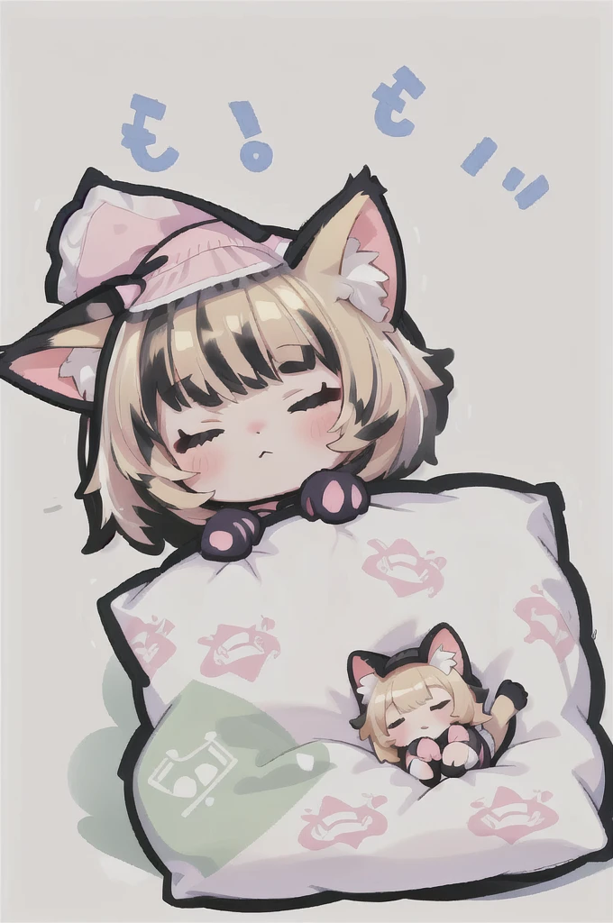 A cartoon of a cat sleeping on a pillow and another cat sleeping on it, there is nothingmimi, Cat girl, Beasts, There is a cat next to her, Cat girl, cute anime Cat girl, Ah ah, there is nothing, anime Cat girl, anime、Pink nightcap、Sleeping on a futon、Blonde Hair、Short Hair