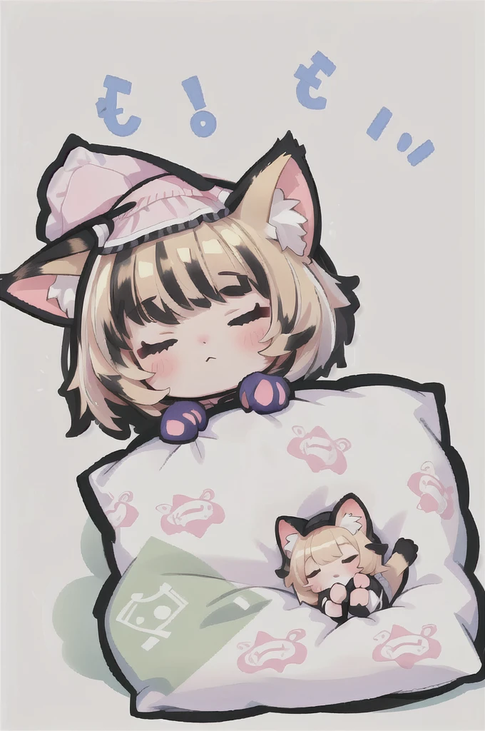 A cartoon of a cat sleeping on a pillow and another cat sleeping on it, there is nothingmimi, Cat girl, Beasts, There is a cat next to her, Cat girl, cute anime Cat girl, Ah ah, there is nothing, anime Cat girl, anime、Pink nightcap、Sleeping on a futon、Blonde Hair、Short Hair