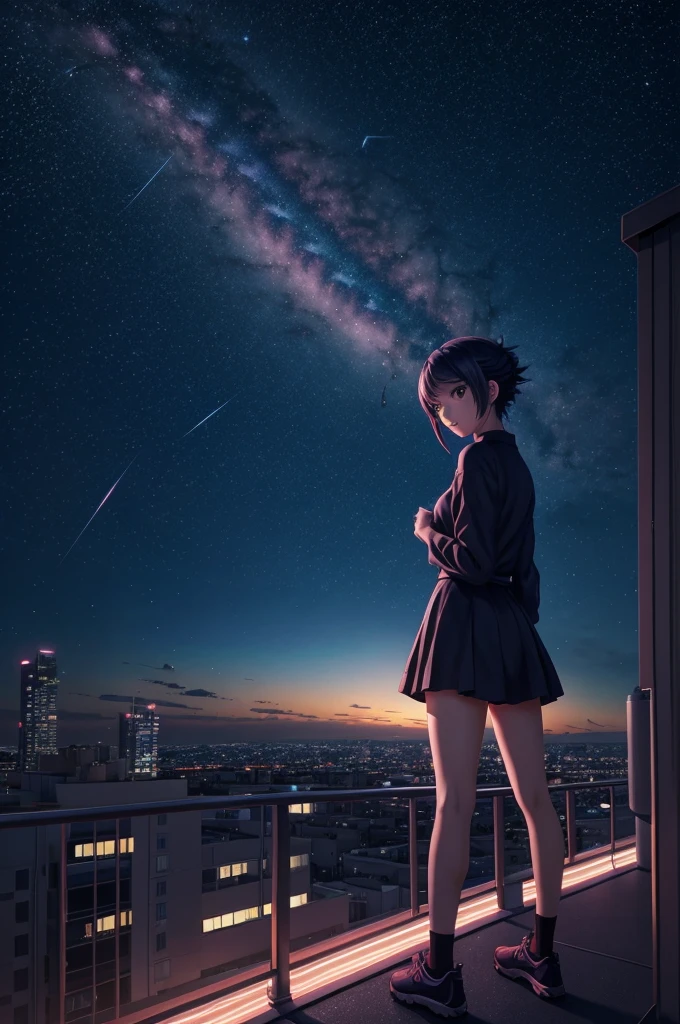 anime girl standing on rooftop looking at night sky with stars, anime wallpaper 4k, anime wallpaper 4 k, 4k anime wallpaper, anime art wallpaper 8 k, anime art wallpaper 4k, anime art wallpaper 4 k, anime style 4 k, makoto shinkai cyril rolando, 4 k manga wallpaper, anime wallpaper, amazing wallpaper, shooting stars