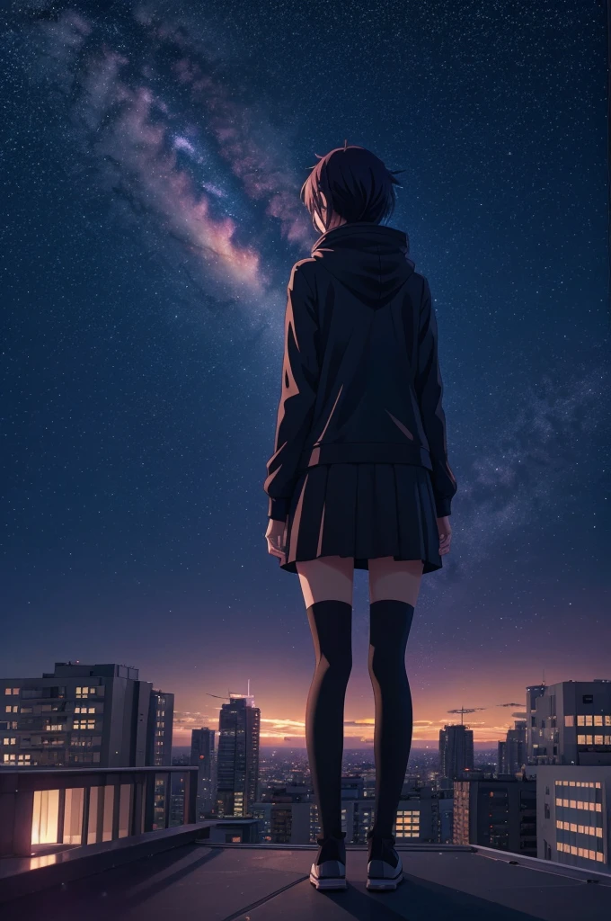 anime girl standing on rooftop looking at night sky with stars, anime wallpaper 4k, anime wallpaper 4 k, 4k anime wallpaper, anime art wallpaper 8 k, anime art wallpaper 4k, anime art wallpaper 4 k, anime style 4 k, makoto shinkai cyril rolando, 4 k manga wallpaper, anime wallpaper, amazing wallpaper, shooting stars