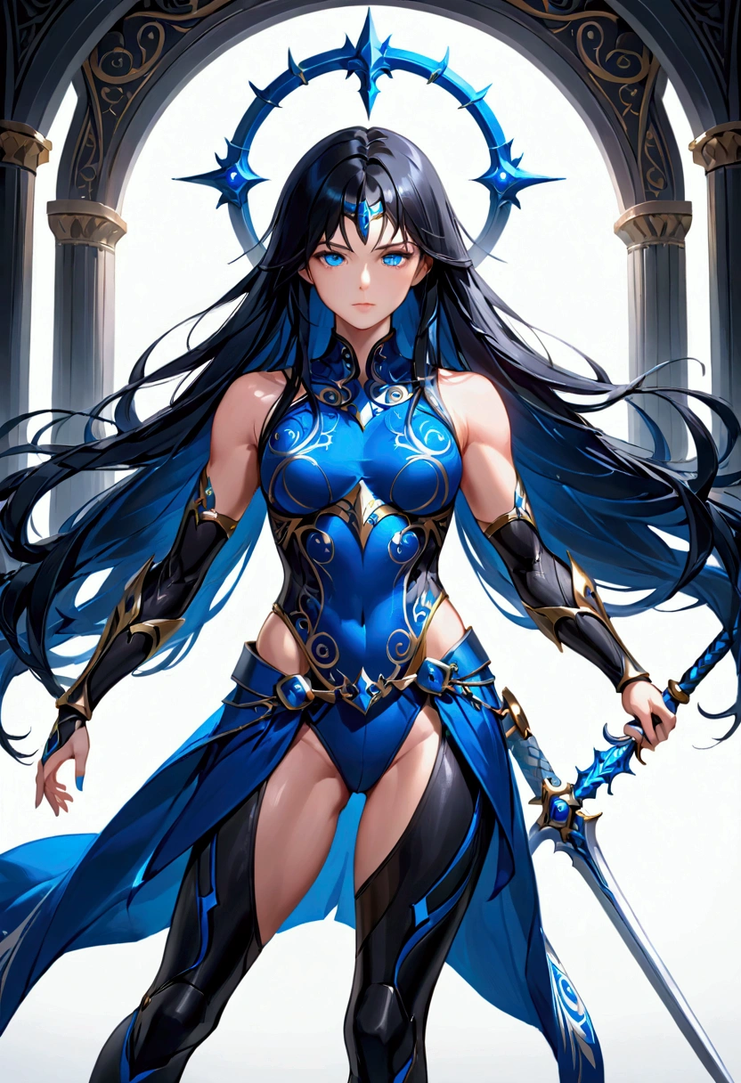 Girl with long black hair that are blue on inside. Blue eyes with an athletic body, tall figure, warrior outfit