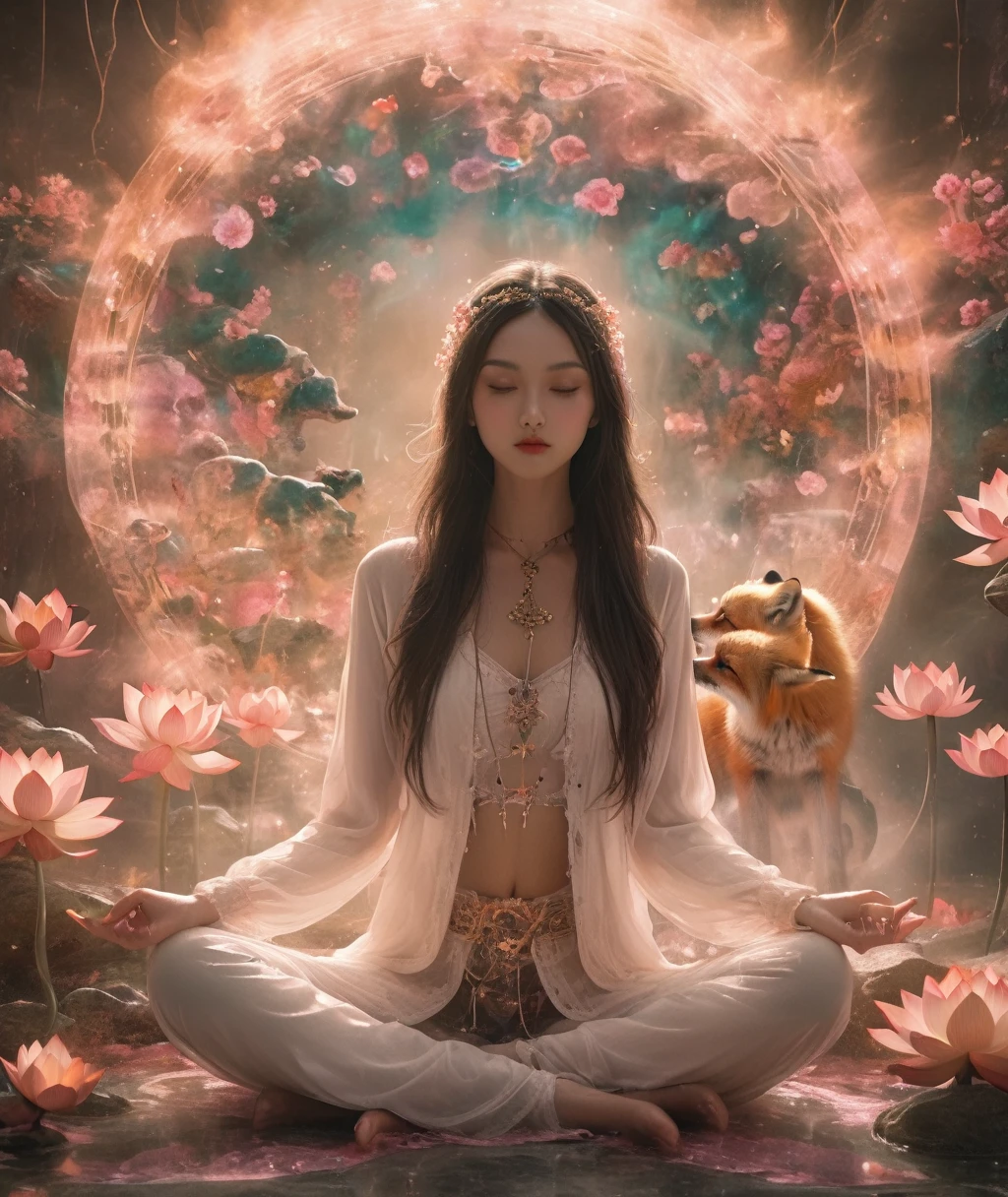 Full body photography of girl in lotus pose,Anatomically correct,Raw, Lenses, (Clear focus:1.5), (Reality:1.4), Dusk lighting, Volumetric Lighting, Ultra-high resolution, 16K,Dramatic Lighting, White background:1.5)(tangled,Mandala,Tangle,Entanglement:0.7)Fox Demon,Fox Mask,Short coat, Foxfire Curse, fox family, Transformation, Depth of Field, Dreamy atmosphere, The most beautiful form of chaos, grace, Dark theme of Fauvist design, Flower of Death, Flowers of ecstasy,Glowing Line,Glow Example,Tracking Example,flash, Backlight,translucent,Light Particles,HILL,exit