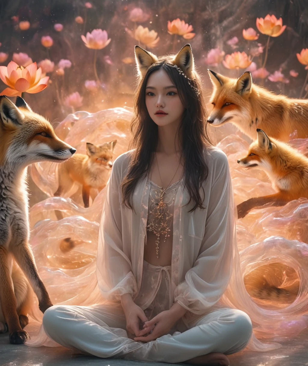 Full body photography of girl in lotus pose，Anatomically correct,Raw, Lenses, (Clear focus:1.5), (Reality:1.4), Dusk lighting, Volumetric Lighting, Ultra-high resolution, 16K,Dramatic Lighting, White background：1.5）（tangled，Mandala，Tangle，Entanglement：0.7）Fox Demon，Fox Mask，Short coat, Foxfire Curse, fox family, Transformation, Depth of Field, Dreamy atmosphere, The most beautiful form of chaos, grace, Dark theme of Fauvist design, Flower of Death, Flowers of ecstasy，Glowing Line,Glow Example，Tracking Example，flash， Backlight，translucent，Light Particles,HILL，exit