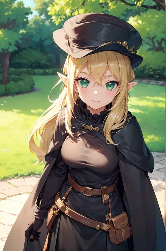 (((masterpiece; best quality: 1.2))), (finely detailed eyes: 1.3), (25 year old elf woman), (solo), (green eyes: 1.4), (body; big breasts, fit, femenine: 1.3), (silky blonde hair in low ponytail: 1.3), (beautiful and clear background: 1.2), ((depth of field)), (equipment: adventurer garb + modest + elegant wide-brimmed hat + dark blouse + dark cape + black long skirt + gloves + belt + pouches: 1.3), (anime illustration: 1.2), (background composition; royal garden: 1.1), (extremely fine and beautiful: 1.1), (shot composition; standing + centered on torso + close-up: 1.5), (expression; calm, smile: 1.2)