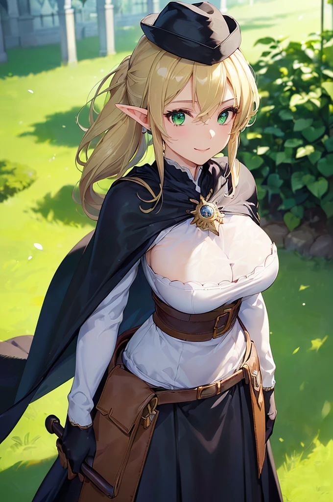 (((masterpiece; best quality: 1.2))), (finely detailed eyes: 1.3), (25 year old elf woman), (solo), (green eyes: 1.4), (body; big breasts, fit, femenine: 1.3), (silky blonde hair in low ponytail: 1.3), (beautiful and clear background: 1.2), ((depth of field)), (equipment: adventurer garb + modest + elegant wide-brimmed hat + dark blouse + dark cape + black long skirt + gloves + belt + pouches: 1.3), (anime illustration: 1.2), (background composition; royal garden: 1.1), (extremely fine and beautiful: 1.1), (shot composition; standing + centered on torso + close-up: 1.5), (expression; calm, smile: 1.2)