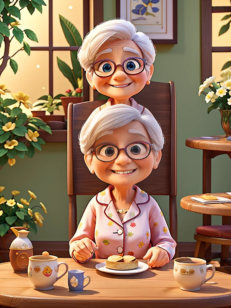 Create a 3D poster inspired by Disney bid. From a cheerful 80-year-old woman, with elegant pajamas, sitting in a rocking chair, a little table with breakfast,in a nice garden, in a dawn atmosphere 