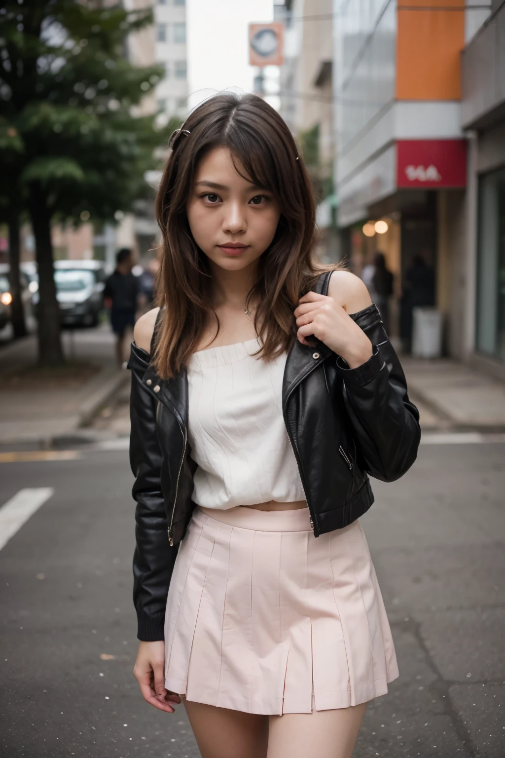 Asian girl, college, black leather jacket, pink blouse, Skirt up to the knee, hair with colored highlights, Age 22, ((best quality)), ((masterpiece)), (detailed), 1girl, off-shoulder sweater,