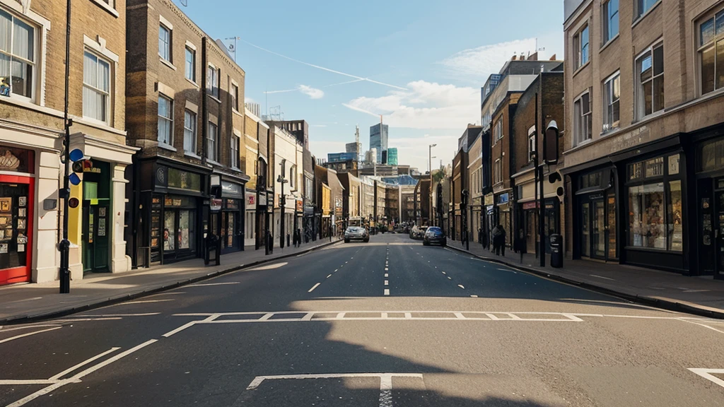 illustration of London as seen from street level. Camera View should be in the middle of the city from a sidewalk.