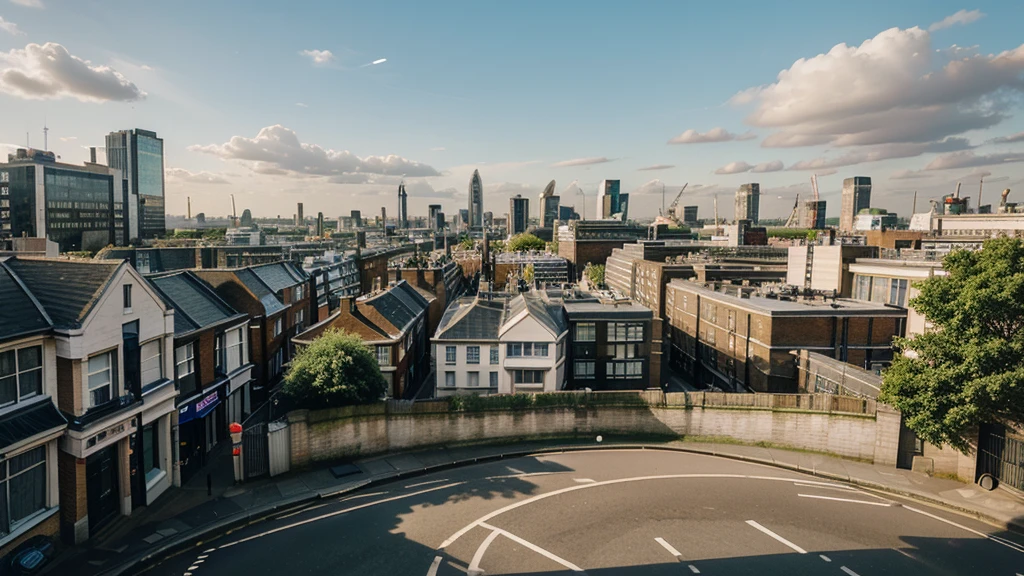 illustration of London as seen from street level. Camera View should be in the middle of the city from a sidewalk.