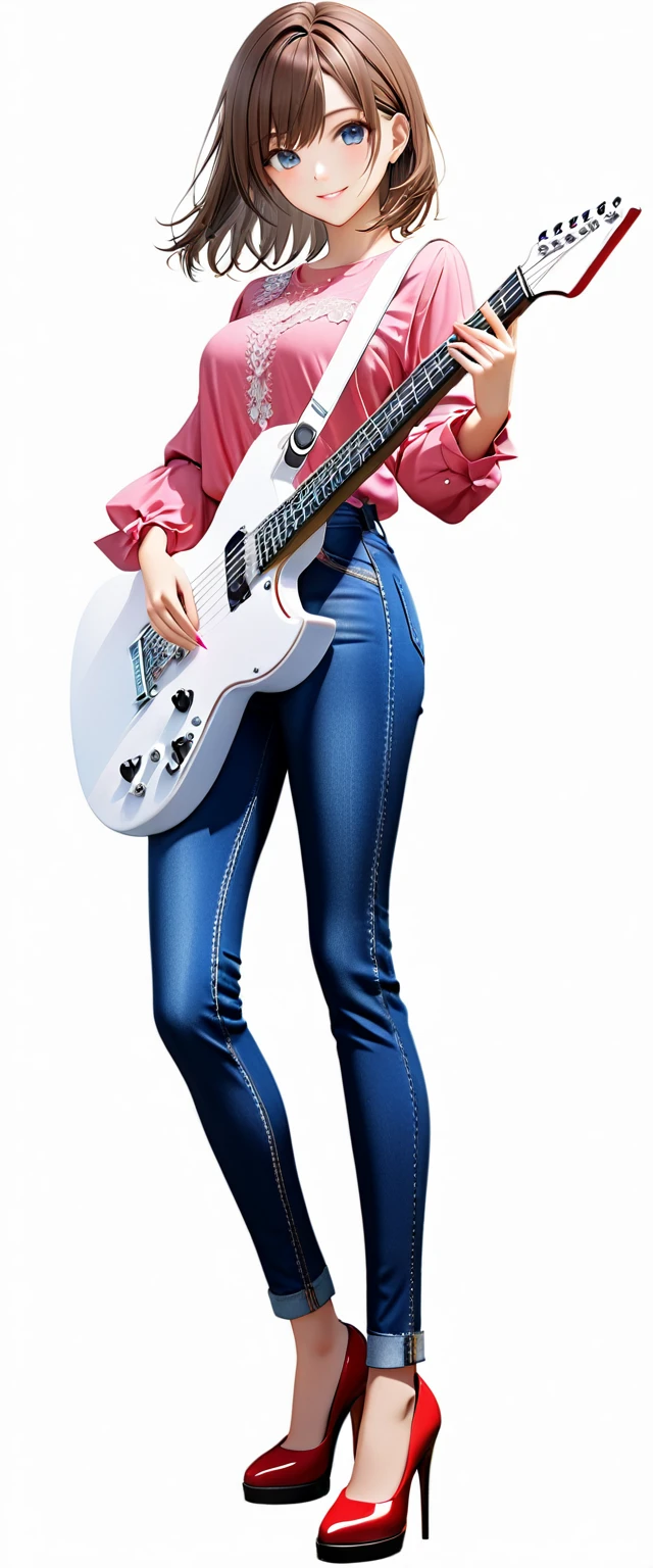 (((White background:1.5)))、(very wide shot)、(masterpiece、Ultra HD、Highest quality、Masterpiece、4K:1.2)、Slender body、Holding a white electric guitar,Scandinavian Metal Girl, A gentle gaze at the camera, Intricate details, Highly detailed eyes, Highly detailed fingers、Brown bob hair、Pink shirt and blue jeans, Wearing high heels、Intricate details、A kind smile、Are standing