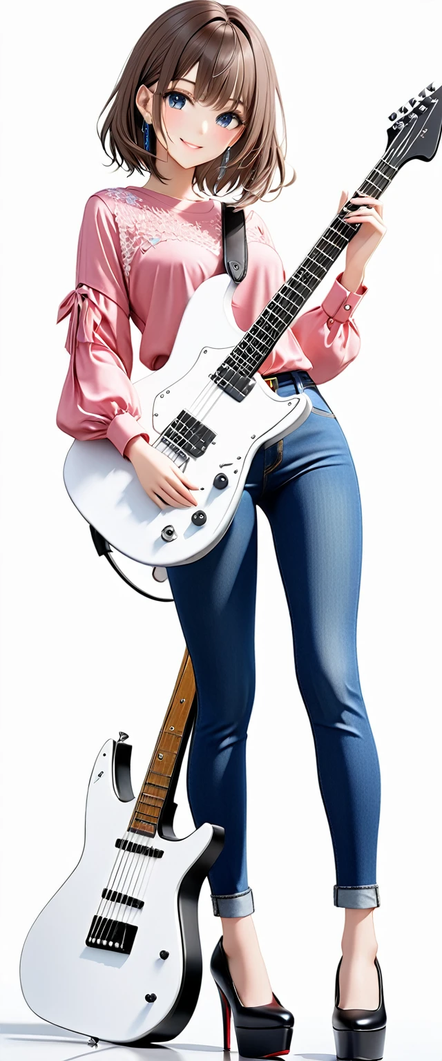 (((White background:1.5)))、(very wide shot)、(masterpiece、Ultra HD、Highest quality、Masterpiece、4K:1.2)、Slender body、Holding a white electric guitar,Scandinavian Metal Girl, A gentle gaze at the camera, Intricate details, Highly detailed eyes, Highly detailed fingers、Brown bob hair、Pink shirt and blue jeans, Wearing high heels、Intricate details、A kind smile、Are standing