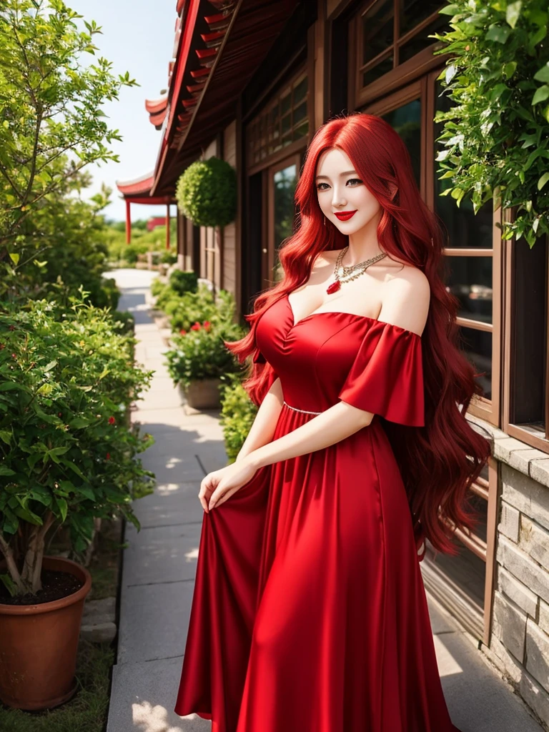 1girl, long hair, red hair, green eyes, red lips, red eyeshadow, diamond necklace, smile, blush, happy face, full body, huge breasts, mature female, korean girl, gown dress, long dress, off shoulder dress, house,