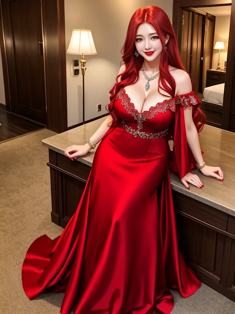 1girl, long hair, red hair, green eyes, red lips, red eyeshadow, diamond necklace, smile, blush, happy face, full body, huge breasts, mature female, korean girl, gown dress, long dress, off shoulder dress, house,