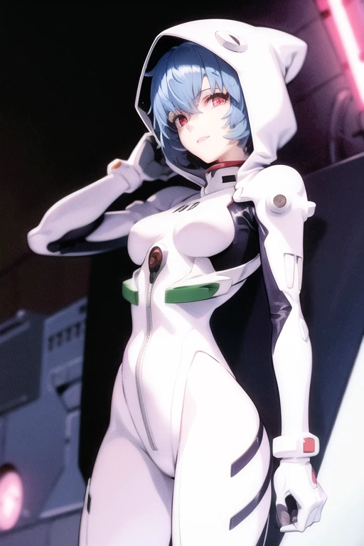 masterpiece, best quality, 1girl, ayanamirei, plugsuit, interface headset, hooded white cloak, cape, High Resolution, Smile, Blue Hair, Breasts, Short Hair, From Below, Masterpiece, Best Quality, Hood up, 