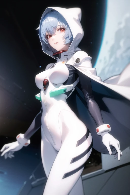 masterpiece, best quality, 1girl, ayanamirei, plugsuit, interface headset, hooded white cloak, cape, High Resolution, Smile, Blue Hair, Breasts, Short Hair, From Below, Masterpiece, Best Quality, Hood up, 