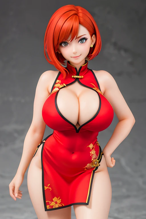 Figure of a redhead, short hair, big breast, sweaty cleavage, smile, china dress