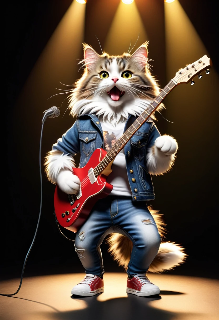 Realistic portrait of an animal in clothes - beautiful anthropomorphic Norwegian Forest Cat, White T-shirt and jeans、sneakers、In the spotlight, playing rock guitar in front of a stand microphone、With the microphone、Singing with eyes closed、Strong light backlighting、Dramatic、Highly detailed decorations,, (Moving), There is a backing band、Dramatic(Full body image:1.5)