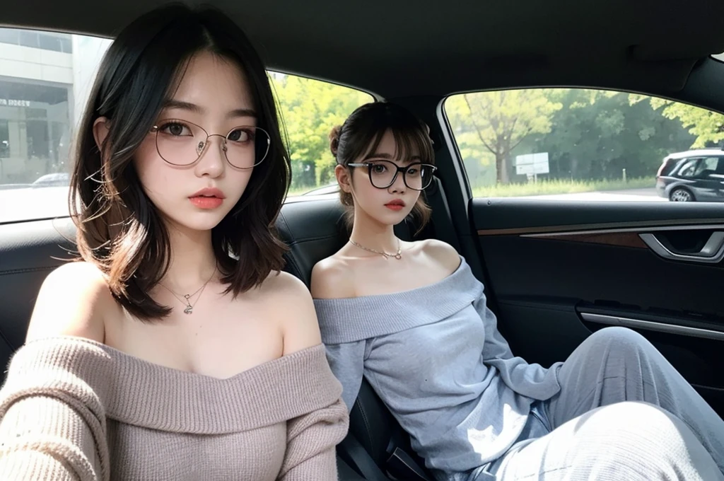  girl 19-year-old Hairstyle Casual, wearing off shoulder collarbone and casual long pants girl with Square glasses with black edges  in car and driving the car with her friend