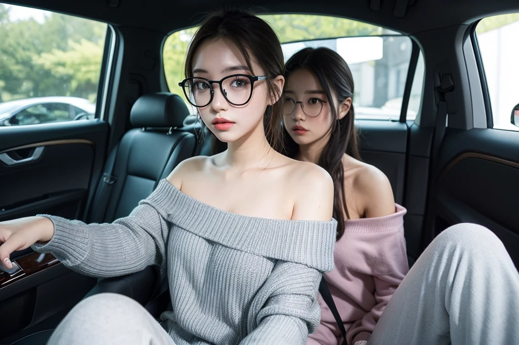 girl 19-year-old Hairstyle Casual, wearing off shoulder collarbone and casual long pants girl with Square glasses with black edges in car and driving the car with her friend