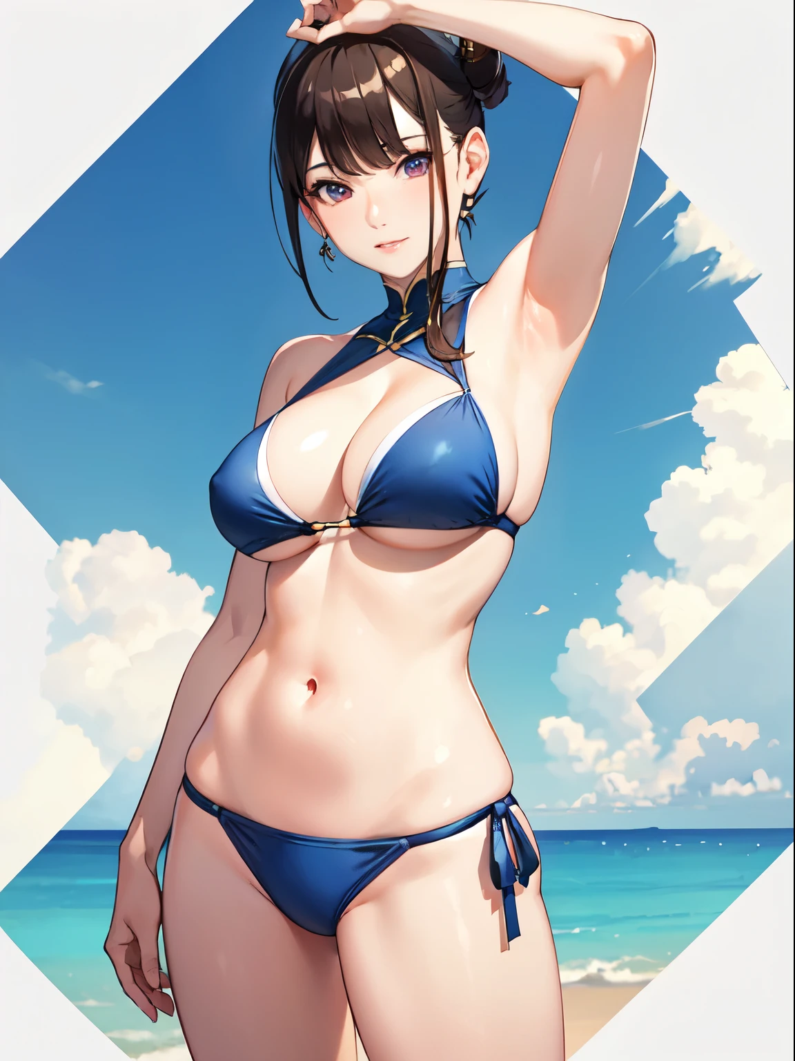 Competitive Swimwear,ChunLi,Spread your legs a little,(((masterpiece))), (((High resolution)))、(((8K quality)))、(((Perfect Face)))、Looking into the camera, ((Top quality eyes)), (Detailed face), (Detailed Texture), ((Big Breasts:1.2)), Swimwear,Embarrassed