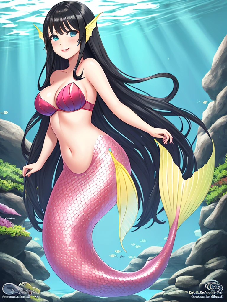 1girl, dark girl, mermaid, long hair, black hair, blue eyes, red lips, pink eyeshadow, light smile, blush, happy face, full body, large breasts, mature female, underwater, yellow mermaid tail,