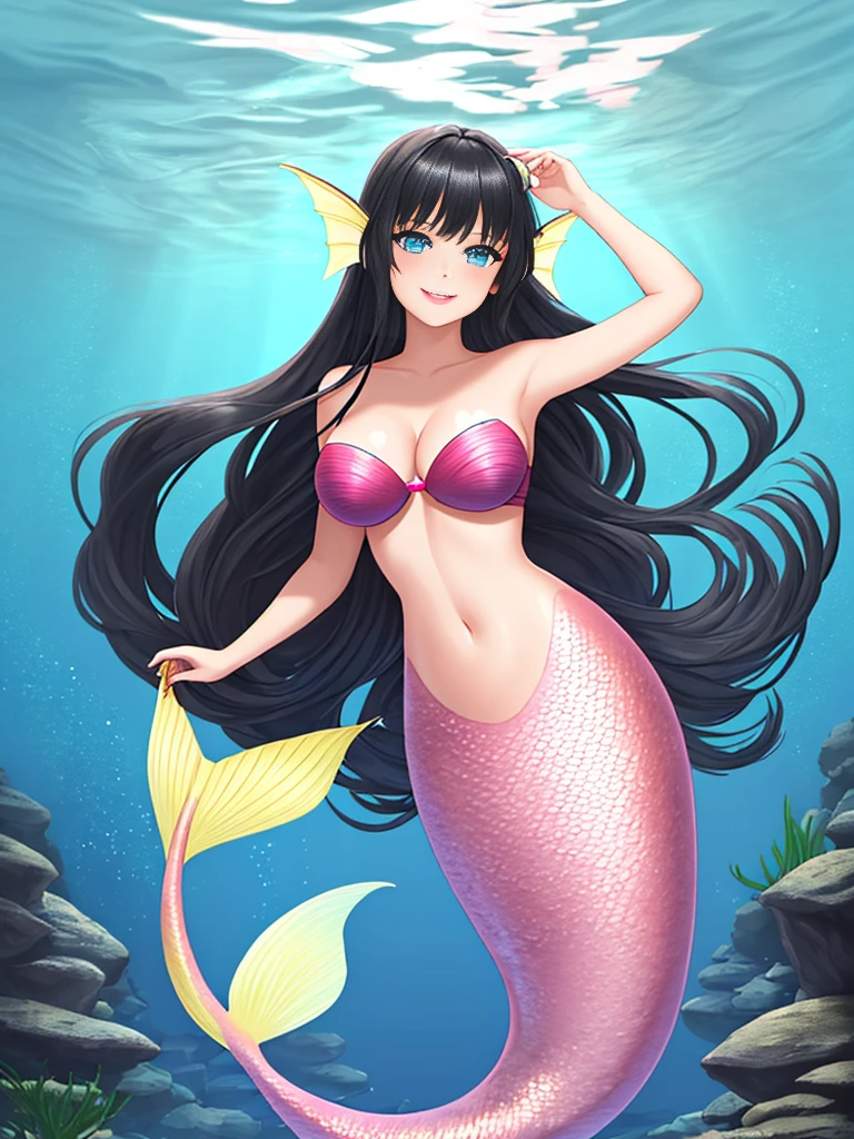 1girl, dark girl, mermaid, long hair, black hair, blue eyes, red lips, pink eyeshadow, light smile, blush, happy face, full body, large breasts, mature female, underwater, yellow mermaid tail,