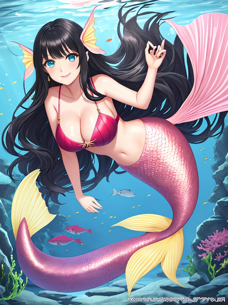 1girl, dark girl, mermaid, long hair, black hair, blue eyes, red lips, pink eyeshadow, light smile, blush, happy face, full body, large breasts, mature female, underwater, yellow mermaid tail,