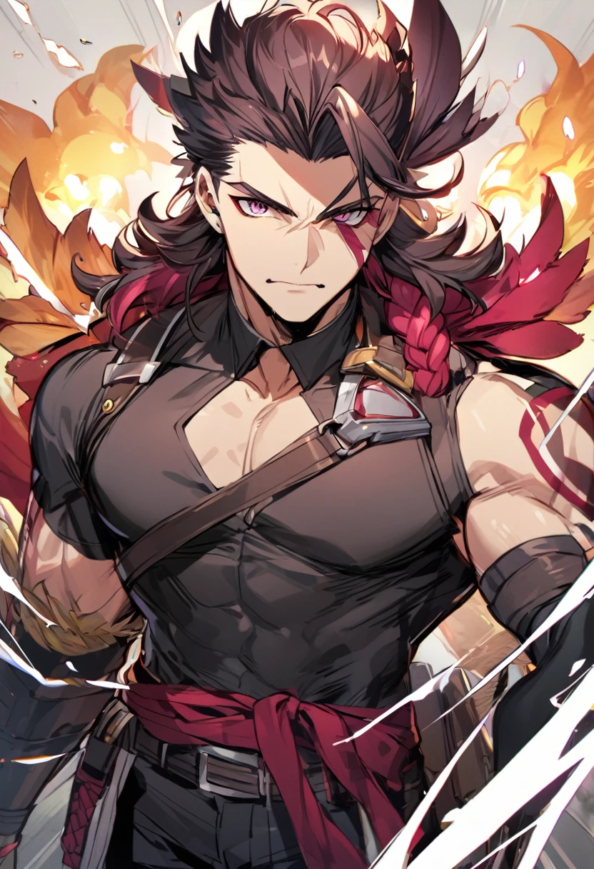 like all the demon princes, I am quite tall. I have purple hair tied back in a ponytail, and red eyes with sharp silver pupils. I wear fine clothes, as befits a prince of Hell, though they are always black. My demeanor is haughty, arrogant, and superior to others. I carry myself with confidence and a sense of pride that is unrivaled. When I speak, my words are sharp and my voice is powerful. I am the embodiment of pride and arrogance. handsome male, bara, muscular