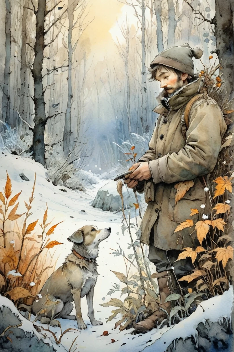 Ultra HD detailed painting of frost and snow, Hunter with dog, pearly sunlight, autumn forest, among thickets of plants, by Jean-Baptiste Monge, watercolor and ink, intricate details, fantasy, beautiful, fantasy, flowers, memories, nature, thickets, perfect composition, watercolor sketch in artistic style, large strokes, finalized with ink, fine lines