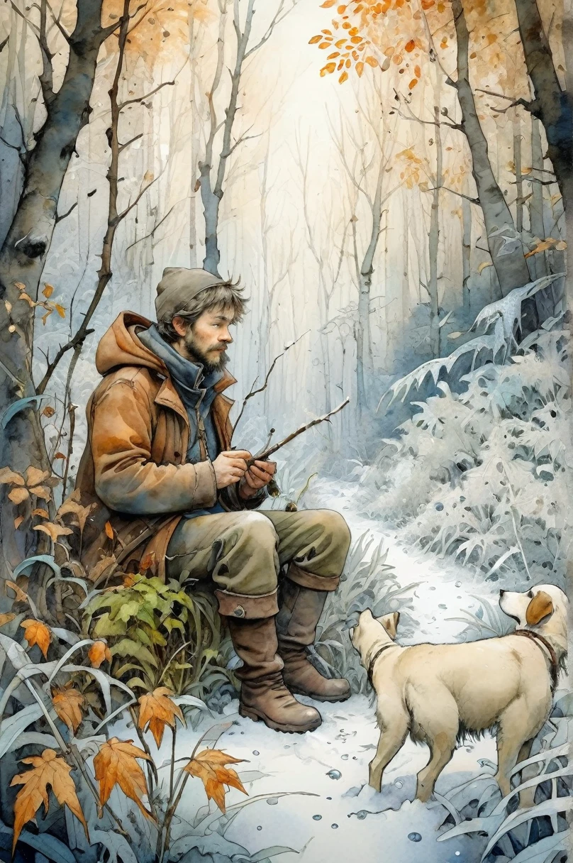 Ultra HD detailed painting of frost and snow, Hunter with dog, pearly sunlight, autumn forest, among thickets of plants, by Jean-Baptiste Monge, watercolor and ink, intricate details, fantasy, beautiful, fantasy, flowers, memories, nature, thickets, perfect composition, watercolor sketch in artistic style, large strokes, finalized with ink, fine lines