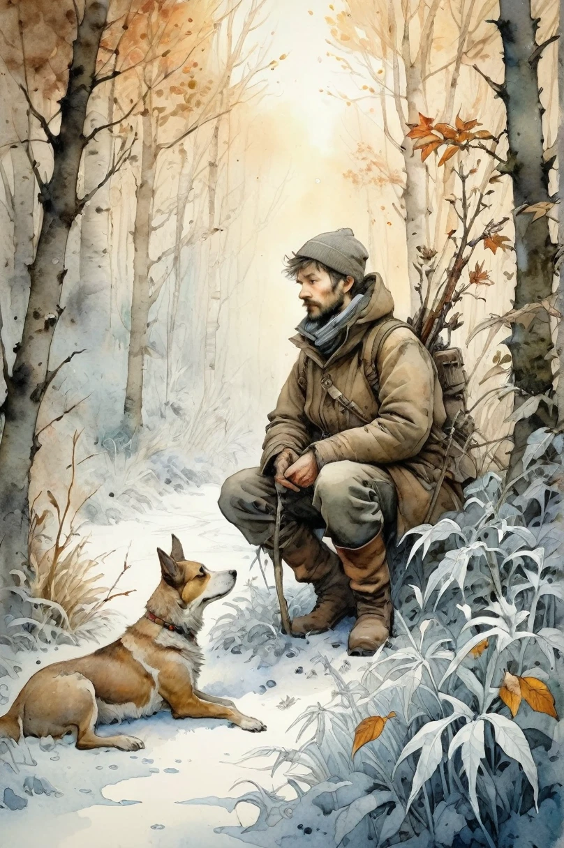 Ultra HD detailed painting of frost and snow, Hunter with dog, pearly sunlight, autumn forest, among thickets of plants, by Jean-Baptiste Monge, watercolor and ink, intricate details, fantasy, beautiful, fantasy, flowers, memories, nature, thickets, perfect composition, watercolor sketch in artistic style, large strokes, finalized with ink, fine lines