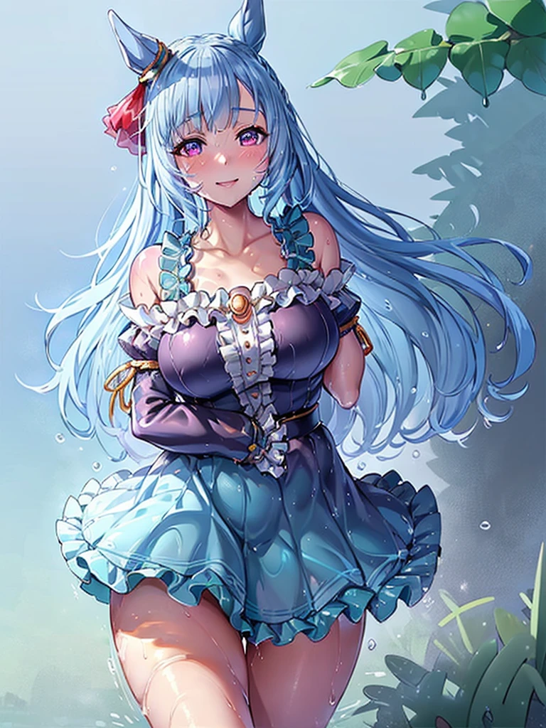 mejiro ardan,umamusume, 1 girl, young, cute face, (blush,)  light blue hair, long hair, purple eyes, blunt bangs, large breasts, thighs, beautiful detailed blue eyes, white skin, (frilled bikini,) (light smile,) (((humid,))) (((wet,))) Exposing cleavage, gleaming skin, glistening skin, oil skin,