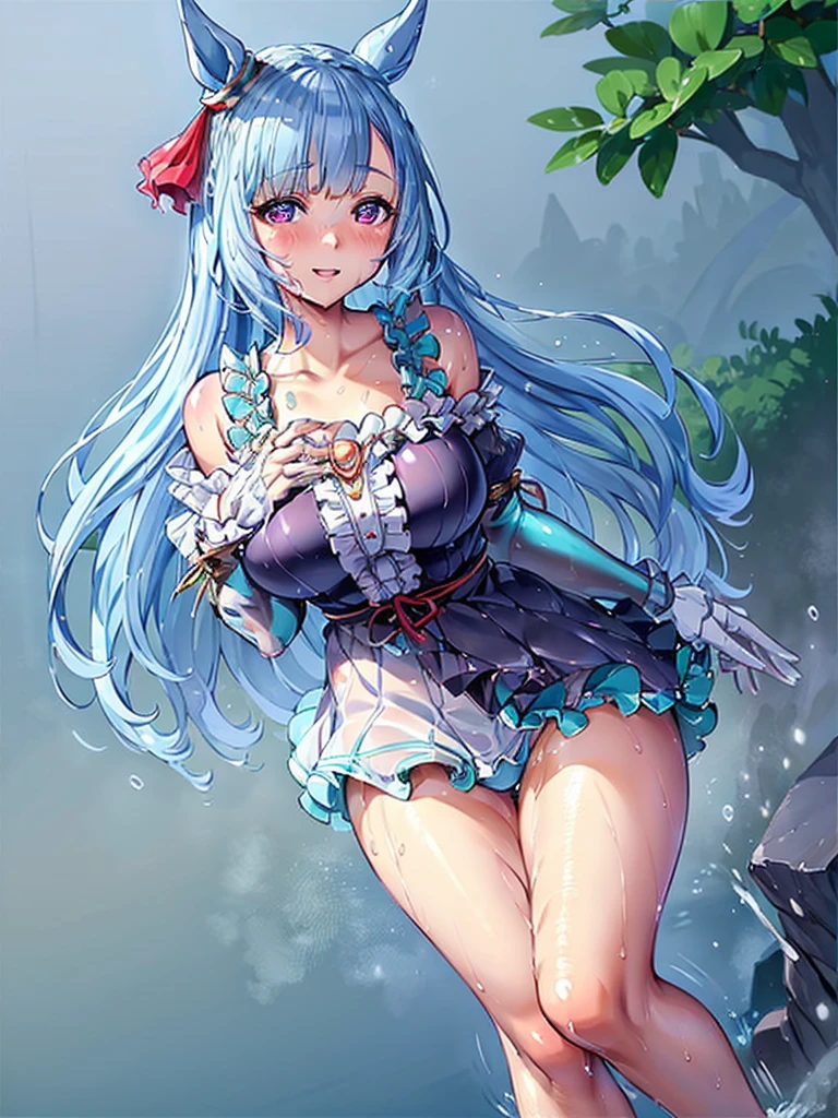 mejiro ardan,umamusume, 1 girl, young, cute face, (blush,)  light blue hair, long hair, purple eyes, blunt bangs, large breasts, thighs, beautiful detailed blue eyes, white skin, (frilled bikini,) (light smile,) (((humid,))) (((wet,))) Exposing cleavage, gleaming skin, glistening skin, oil skin,