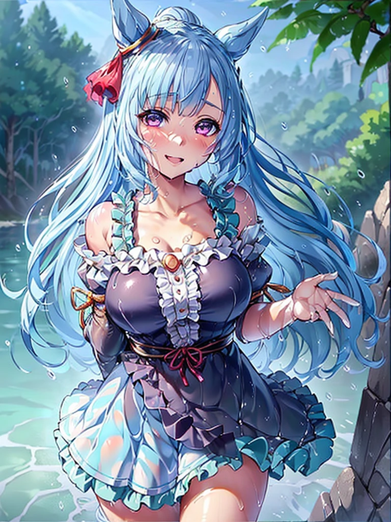 mejiro ardan,umamusume, 1 girl, young, cute face, (blush,)  light blue hair, long hair, purple eyes, blunt bangs, large breasts, thighs, beautiful detailed blue eyes, white skin, (frilled bikini,) (light smile,) (((humid,))) (((wet,))) Exposing cleavage, gleaming skin, glistening skin, oil skin,