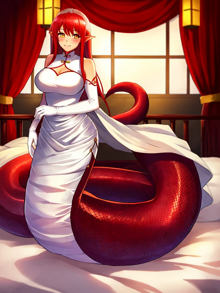 1girl, red lamia, scales, tail, full body, smile, long hair, red hair, yellow eyes, blush, happy face, bedroom, wedding dress, chinese girl, mature female, huge breasts, elbow gloves, white gloves,