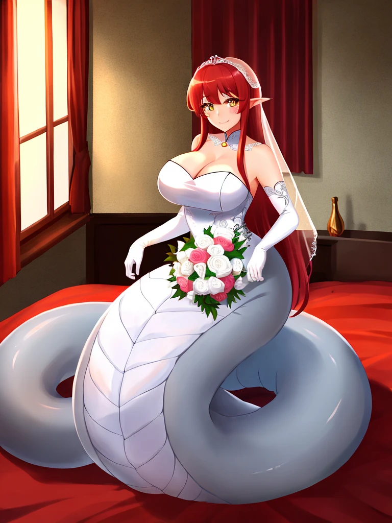 1girl, red lamia, scales, tail, full body, smile, long hair, red hair, yellow eyes, blush, happy face, bedroom, wedding dress, chinese girl, mature female, huge breasts, elbow gloves, white gloves,