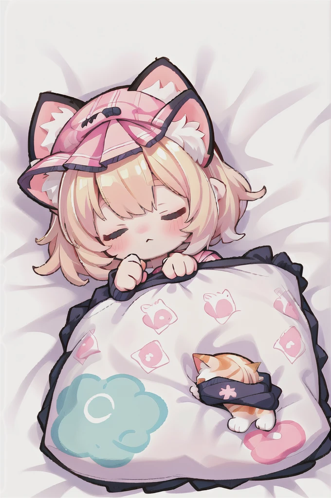 A cartoon of a cat sleeping on a pillow and another cat sleeping on it, there is nothingmimi, Cat girl, Beasts, There is a cat next to her, Cat girl, cute anime Cat girl, Ah ah, there is nothing, anime Cat girl, anime、Pink nightcap、Sleeping on a futon、Blonde Hair、Short Hair