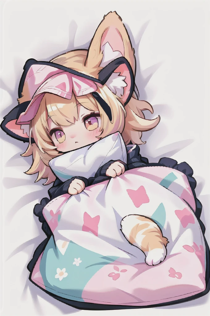 A cartoon of a cat sleeping on a pillow and another cat sleeping on it, there is nothingmimi, Cat girl, Beasts, There is a cat next to her, Cat girl, cute anime Cat girl, Ah ah, there is nothing, anime Cat girl, anime、Pink nightcap、Sleeping on a futon、Blonde Hair、Short Hair