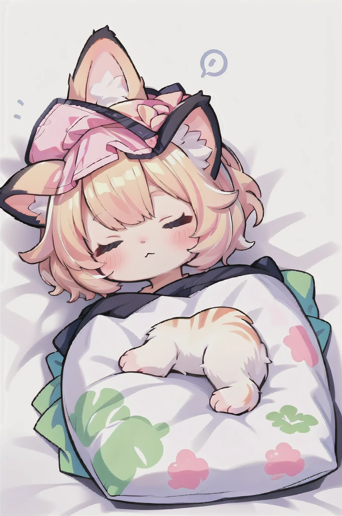 A cartoon of a cat sleeping on a pillow and another cat sleeping on it, there is nothingmimi, Cat girl, Beasts, There is a cat next to her, Cat girl, cute anime Cat girl, Ah ah, there is nothing, anime Cat girl, anime、Pink nightcap、Sleeping on a futon、Blonde Hair、Short Hair