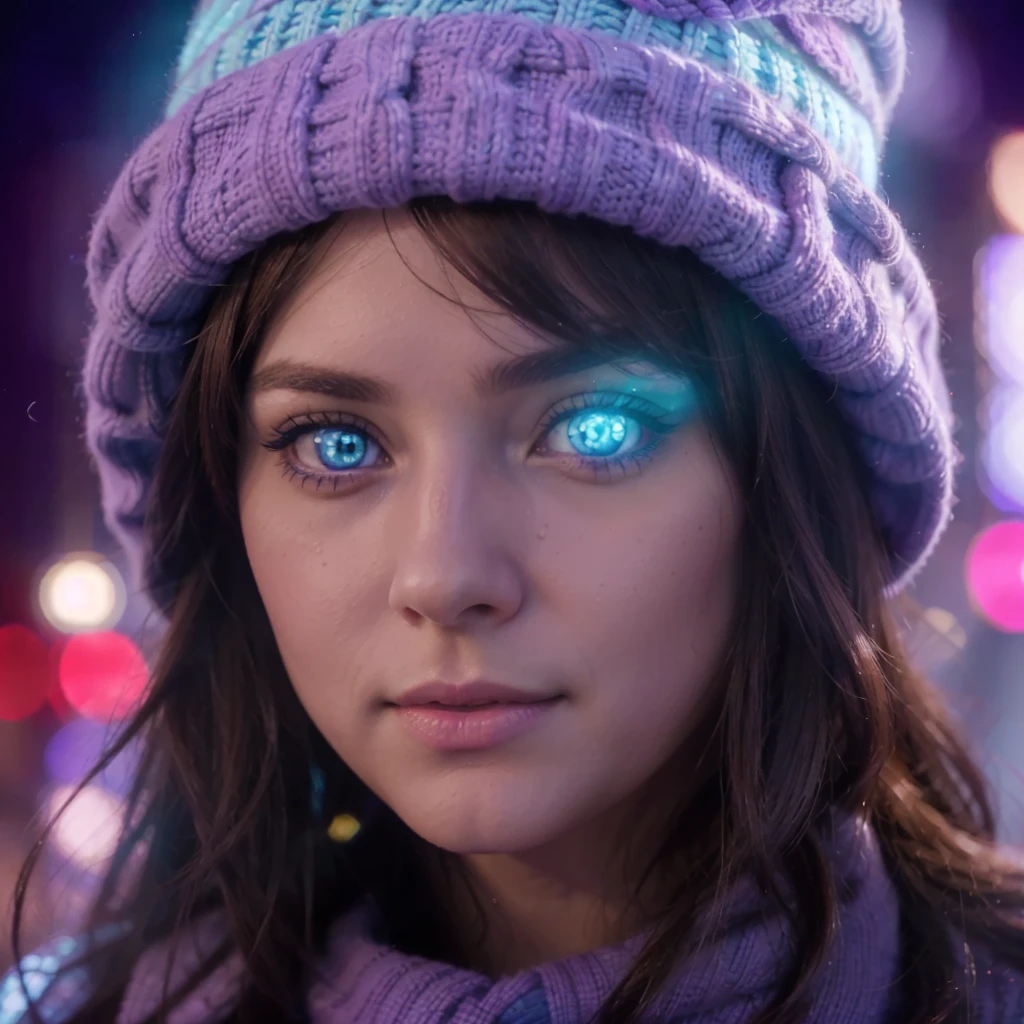 Photo, attractive young woman, detailed eyes, Argentine factions, purple and light blue wool cap, purple wool bow, Brown hair, detailed light blue and purple reflections, luminous city, luces LED, Celestial Aura, 4k, HD, Setting, bright Eyes, phosphorescent blue eyes, bright blue eyes, Celestial Aura saliente de los ojos.