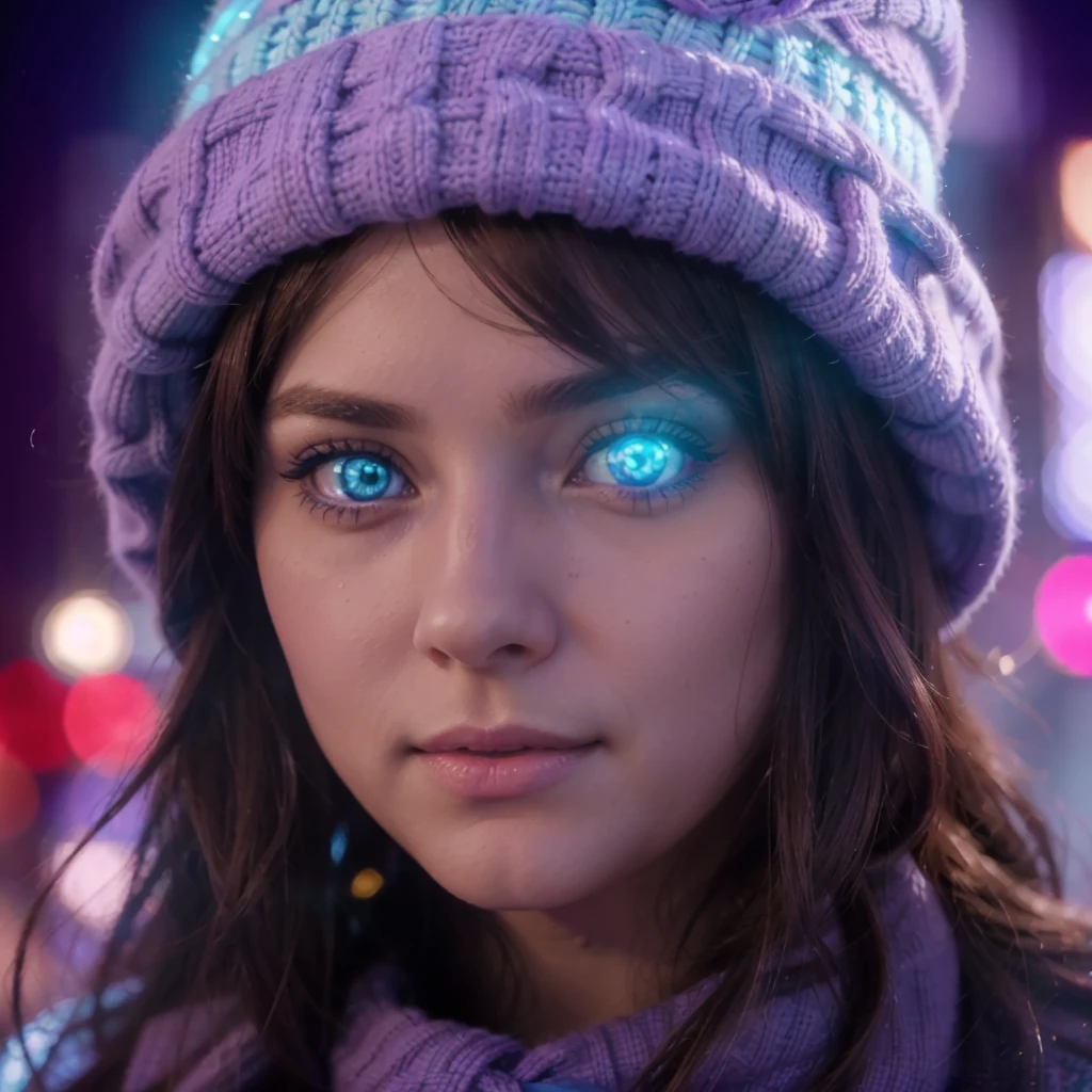 Photo, attractive young woman, detailed eyes, Argentine factions, purple and light blue wool cap, purple wool bow, Brown hair, detailed light blue and purple reflections, luminous city, luces LED, Celestial Aura, 4k, HD, Setting, bright Eyes, phosphorescent blue eyes, bright blue eyes, Celestial Aura saliente de los ojos.