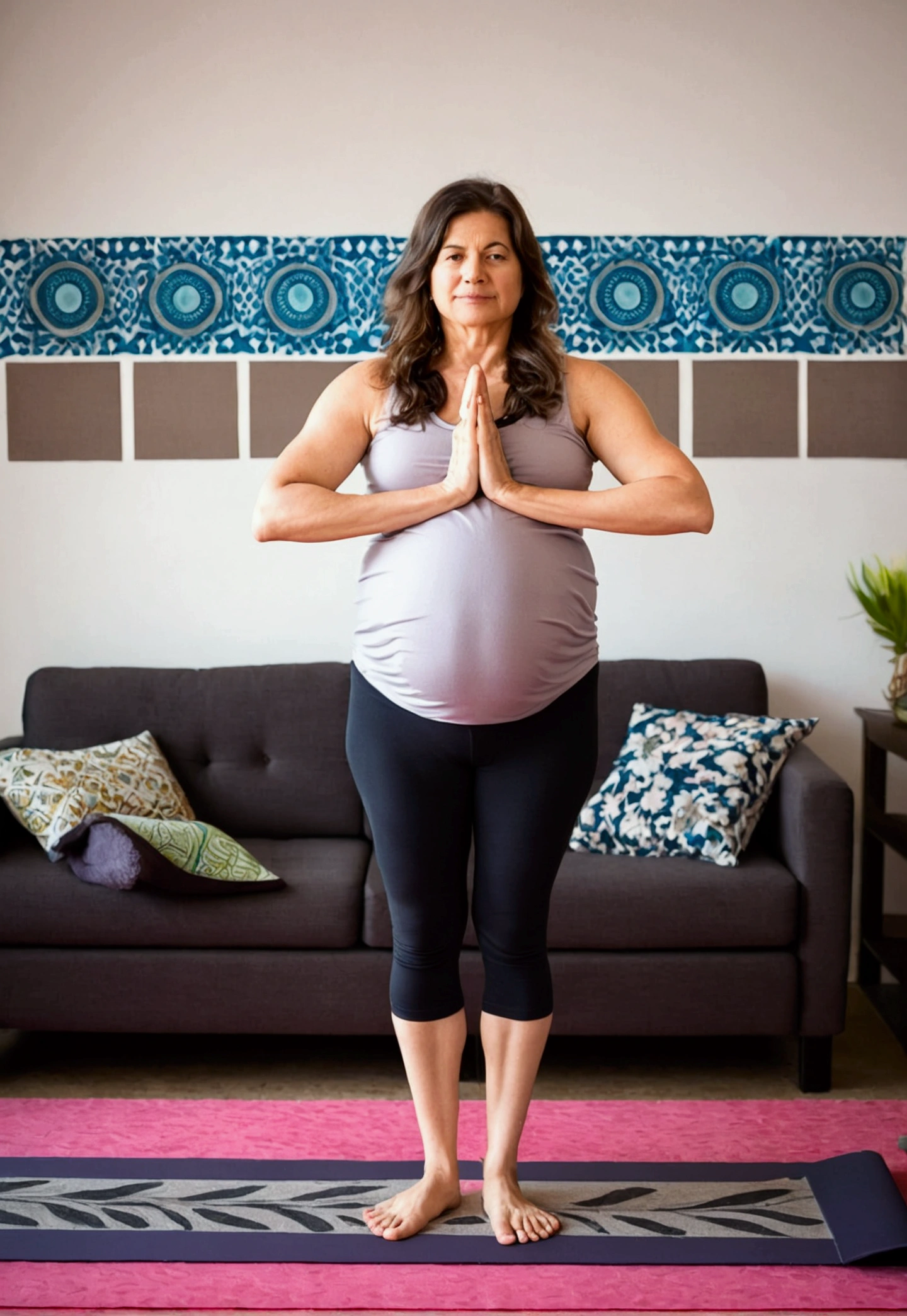 Image from Step 2: Mountain Pose Leg Muscle Activation (Tadasana) in Prenatal Yoga General Description: I need an image that illustrates the second step of mountain pose (Tadasana) in Prenatal Yoga. The image must show an experienced yogi, pregnant, performing the pose in a quiet environment at home. The yogi must explain the posture in the image, but you should not look directly at the camera as if you were posing. The style should be relaxing and professional, with soft colors and a minimalist background.