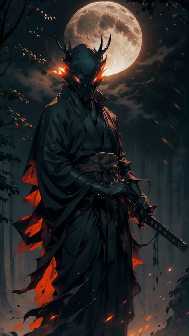 ((NSFW)),(Best Quality,ultra detailed),dark,wet,artificial raindrops falling,ancient japanese warrior standing in the rain,japanese traditional bamboo hat(fail),dense forest landscape,majestic and serene nature,full moon shining brightly in the night sky,black kimono with fluorescent red stripes that glow in the moonlight,samurai sword sharpened and drawn(katana),(detailed horned mask:1.2),(dark,devil) atmosphere,(mysterious,ominous,sandy) texture,1 demonic character,sharp teeth,Bright red eyes,long sharp horns,Pale skin,black claws,overgrown dark forest,ominous moonlight,dense fog,creepy atmosphere,blood red color scheme,haunting shadows,spooky fog,horror genre,nightmarish,dynamic lighting,high contrast,ethereal feeling,vivid colors