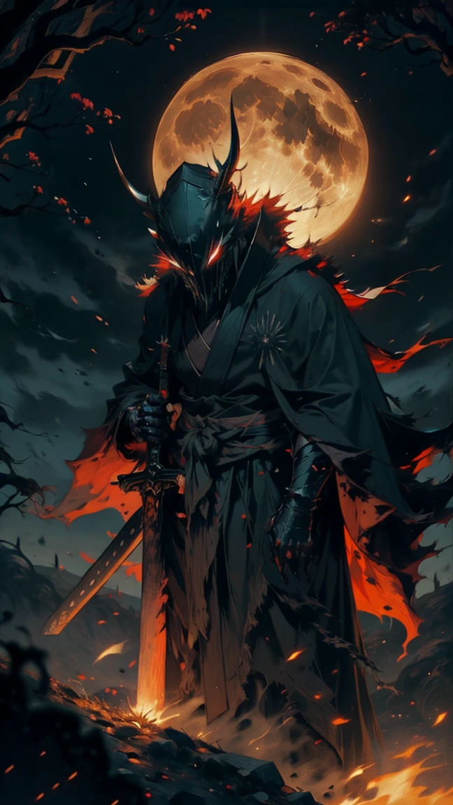 ((NSFW)),(Best Quality,ultra detailed),dark,wet,artificial raindrops falling,ancient japanese warrior standing in the rain,japanese traditional bamboo hat(fail),dense forest landscape,majestic and serene nature,full moon shining brightly in the night sky,black kimono with fluorescent red stripes that glow in the moonlight,samurai sword sharpened and drawn(katana),(detailed horned mask:1.2),(dark,devil) atmosphere,(mysterious,ominous,sandy) texture,1 demonic character,sharp teeth,Bright red eyes,long sharp horns,Pale skin,black claws,overgrown dark forest,ominous moonlight,dense fog,creepy atmosphere,blood red color scheme,haunting shadows,spooky fog,horror genre,nightmarish,dynamic lighting,high contrast,ethereal feeling,vivid colors