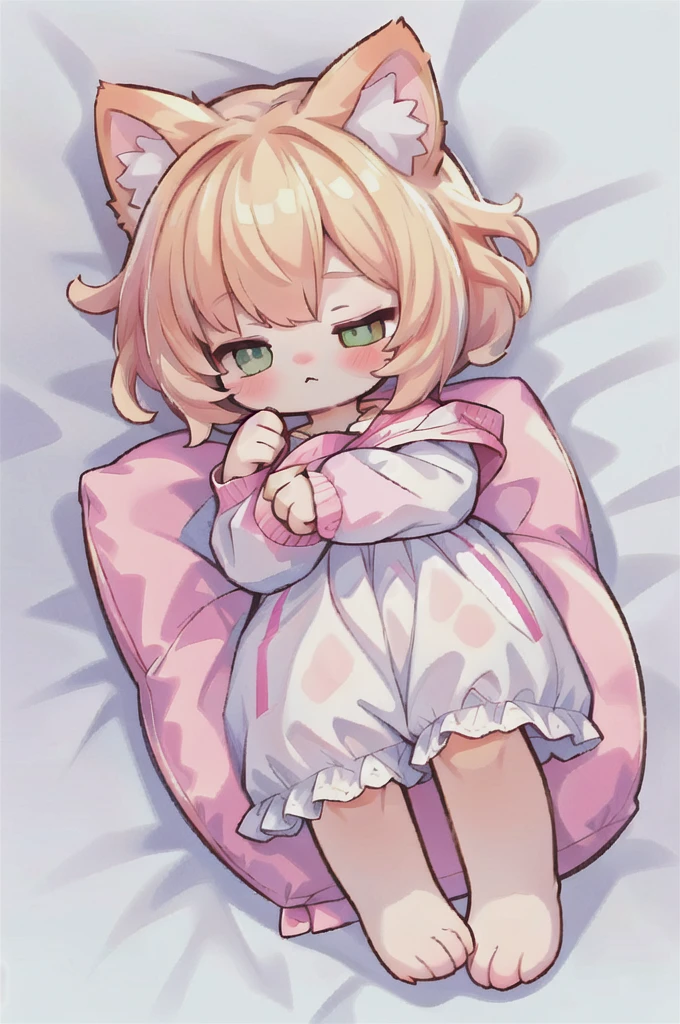 A cartoon of a cat sleeping on a pillow and another cat sleeping on it, there is nothingmimi, Cat girl, Beasts, There is a cat next to her, Cat girl, cute anime Cat girl, Ah ah, there is nothing, anime Cat girl, anime、Pink nightcap、Sleeping on a futon、Blonde Hair、Short Hair